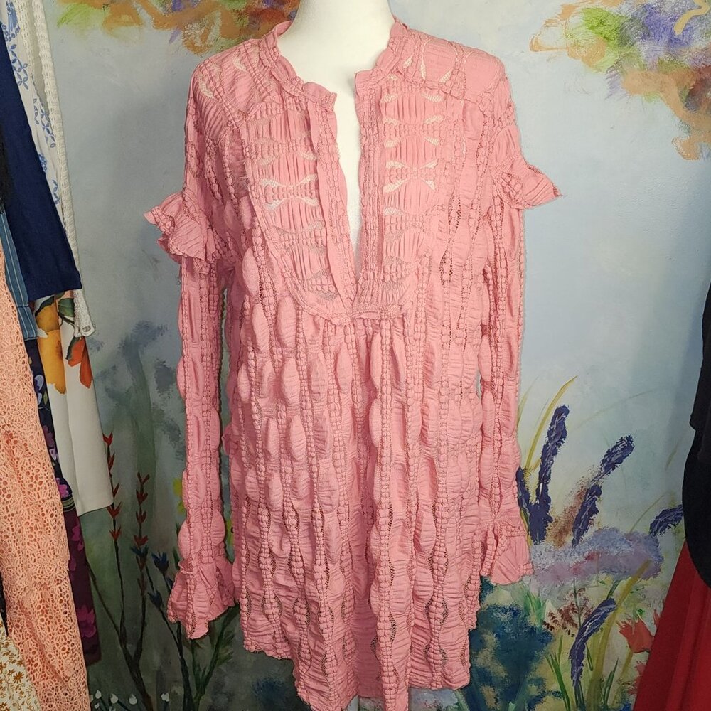 Free People Candy Shop Tunic Lace Dress Pink Boho Chic Size M